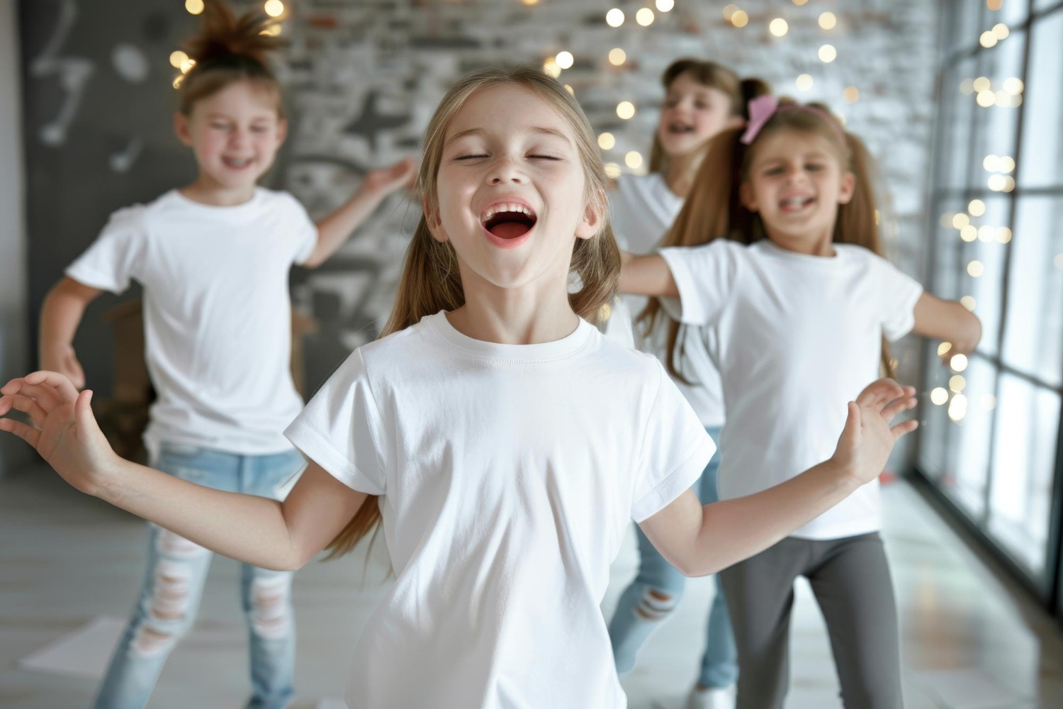 ine Gruppe aufgeregter Grundschulkinder rennt und tanzt spontan in schneller Bewegung in einem hellen Schulflur.