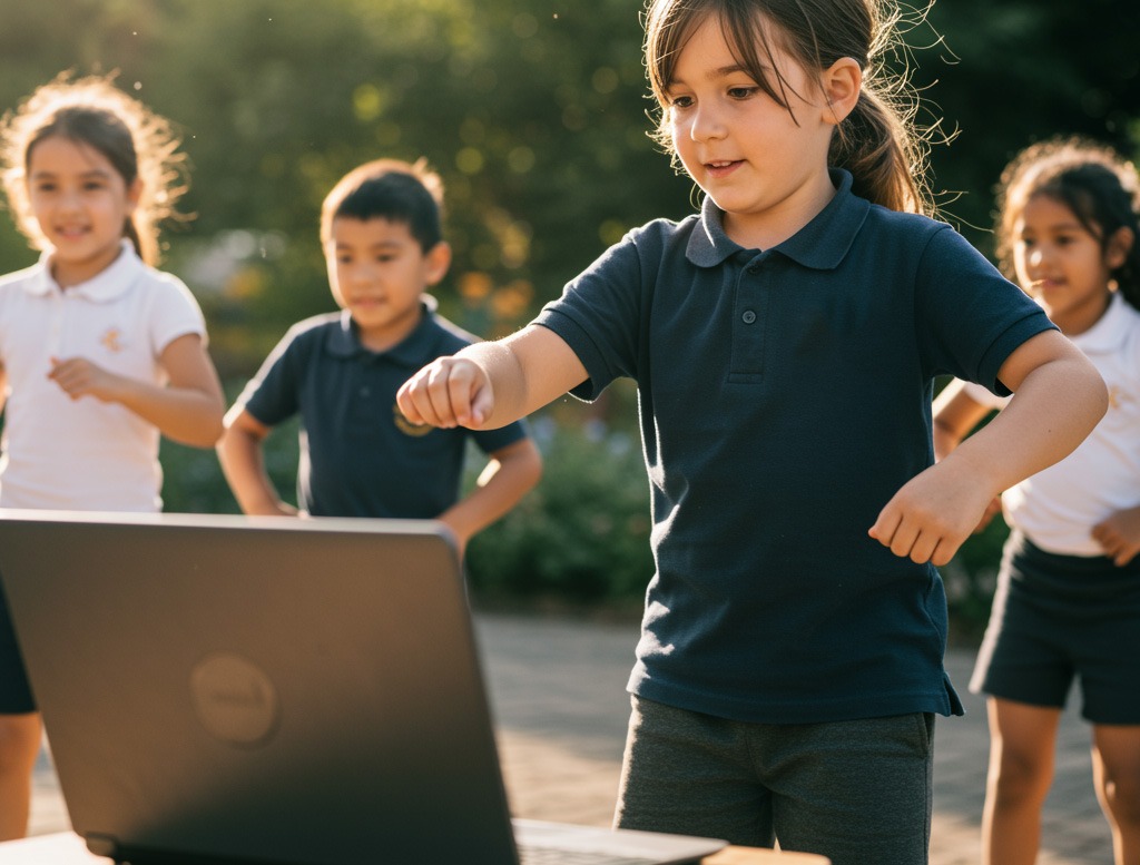 Grundschulkinder tanzen Hand in Hand im Kreis in einem hellen Schulflur.